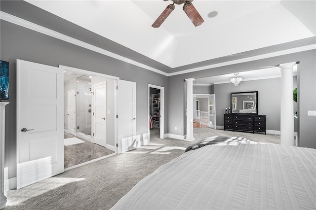 30 Lenihan Ln, East Greenwich, RI 02818 - bedroom with ornate columns, carpet, baseboards, a walk in closet, and ornamental molding