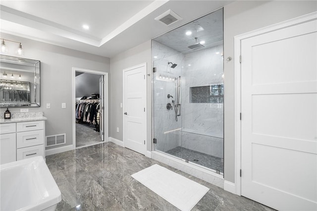 30 Lenihan Ln, East Greenwich, RI 02818 - full bath featuring a marble finish shower, marble tiled floors, vanity, baseboards, and a spacious closet