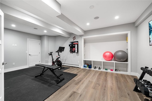 30 Lenihan Ln, East Greenwich, RI 02818 - workout area with a baseboard heating unit, wood finished floors, recessed lighting, and baseboards