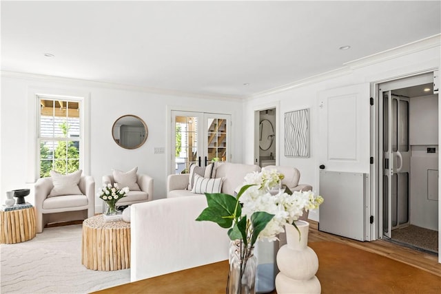 living area featuring crown molding, french doors, and light wood finished floors