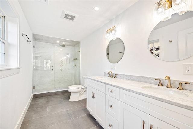 full bathroom featuring a sink, visible vents, toilet, and a stall shower