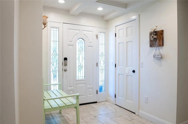 entrance foyer featuring recessed lighting, baseboards, beam ceiling, and coffered ceiling