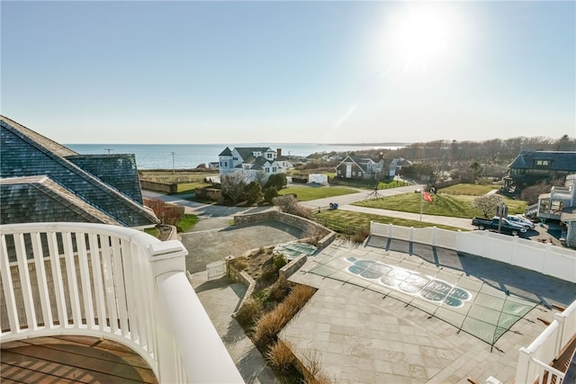 exterior space with a water view