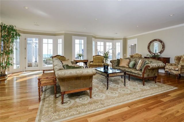 living area featuring crown molding, a wealth of natural light, and wood finished floors