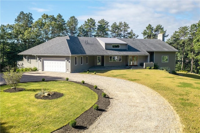 21 Fairview Ave, Hopkinton, RI 02832 - view of front of home featuring driveway, a chimney, a front lawn, and a garage