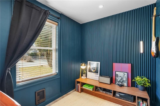 home office featuring visible vents and recessed lighting