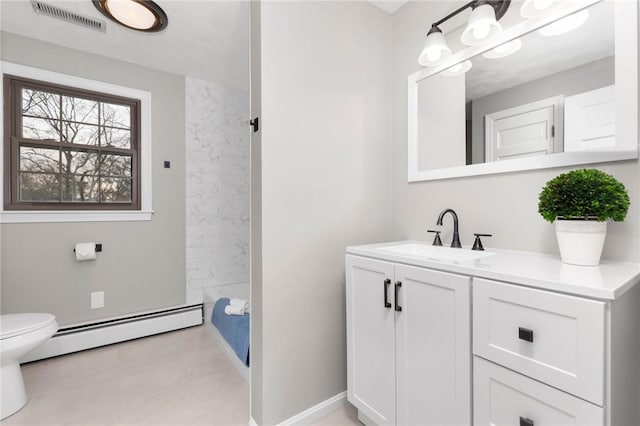 10 Eastgate Dr, Coventry, RI 02816 - full bathroom featuring a baseboard heating unit, vanity, toilet, visible vents, and baseboards