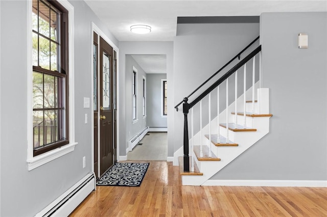 10 Eastgate Dr, Coventry, RI 02816 - entryway with a baseboard heating unit, stairs, wood finished floors, and baseboards