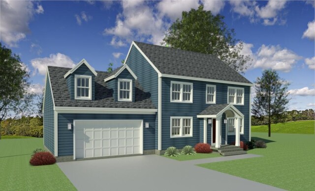 colonial inspired home featuring a front lawn, an attached garage, driveway, and roof with shingles
