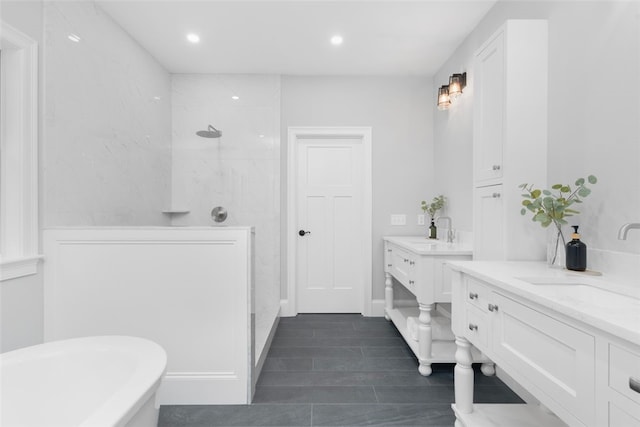 105 Princess Pine Dr, East Greenwich, RI 02818 - full bath with a sink, two vanities, walk in shower, and a freestanding bath