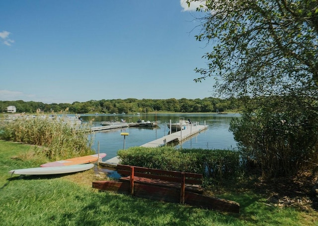dock area featuring a wooded view and a water view