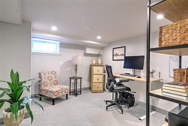 home office featuring carpet and recessed lighting