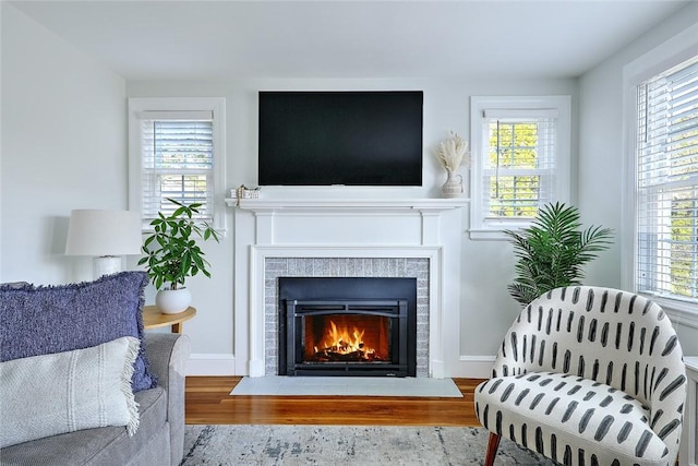 living area featuring baseboards, a fireplace, and wood finished floors