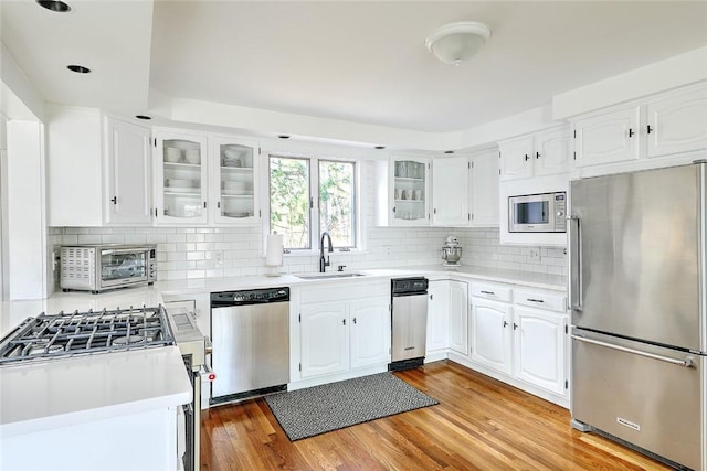 kitchen with light wood-style flooring, a sink, stainless steel appliances, and light countertops