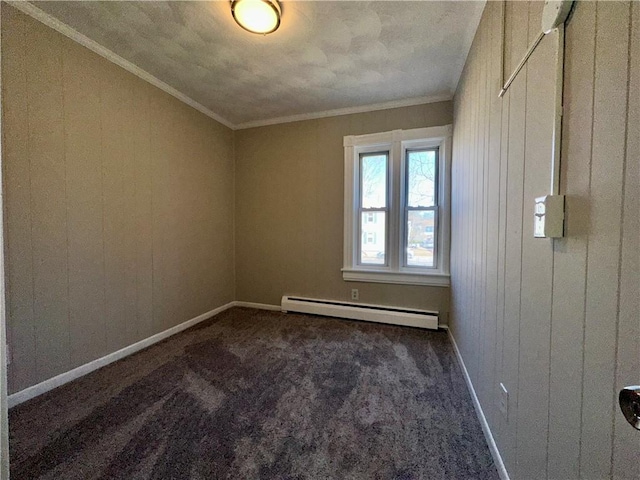 unfurnished room featuring carpet flooring, crown molding, baseboards, and baseboard heating