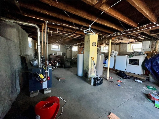 below grade area featuring gas water heater, independent washer and dryer, electric panel, and a heating unit