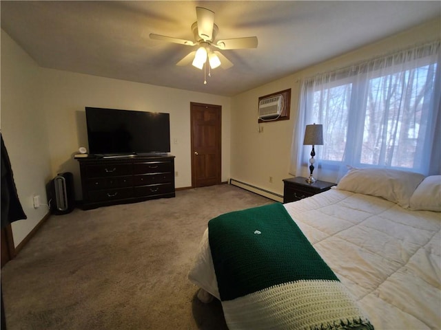 bedroom featuring a wall unit AC, baseboards, carpet floors, a ceiling fan, and baseboard heating