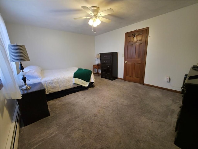 bedroom with baseboards, carpet floors, a ceiling fan, and a baseboard radiator