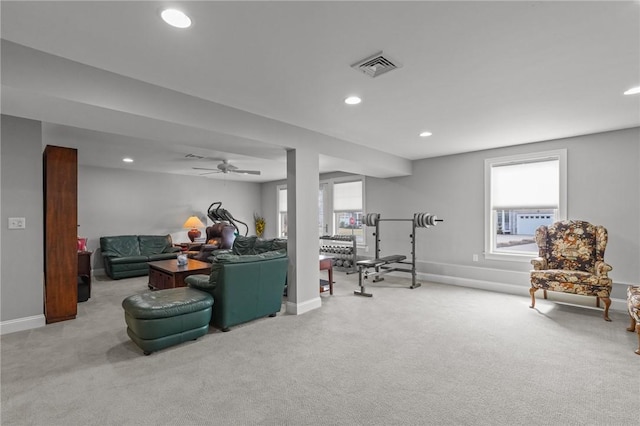 interior space featuring carpet flooring, visible vents, recessed lighting, and plenty of natural light