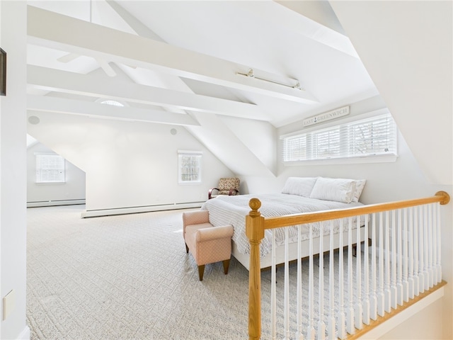 carpeted bedroom featuring a baseboard radiator and vaulted ceiling with beams