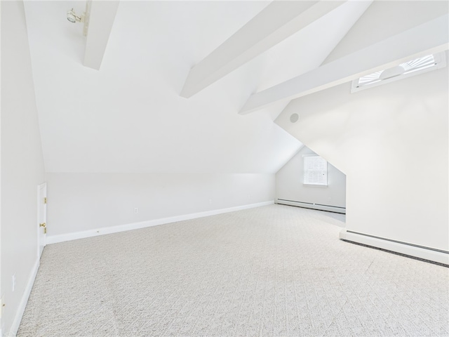 bonus room featuring baseboards, lofted ceiling with beams, carpet flooring, and a baseboard radiator