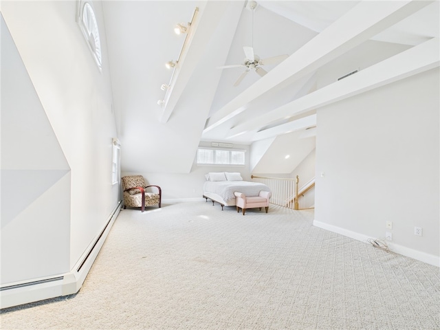 carpeted bedroom with high vaulted ceiling, baseboard heating, and baseboards