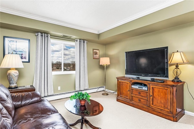 200 Hoffman Ave Unit 405, Cranston, RI 02920 - living room with baseboard heating, crown molding, carpet floors, and baseboards