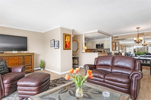 200 Hoffman Ave Unit 405, Cranston, RI 02920 - living room featuring light wood-style flooring, a baseboard heating unit, a chandelier, crown molding, and baseboards