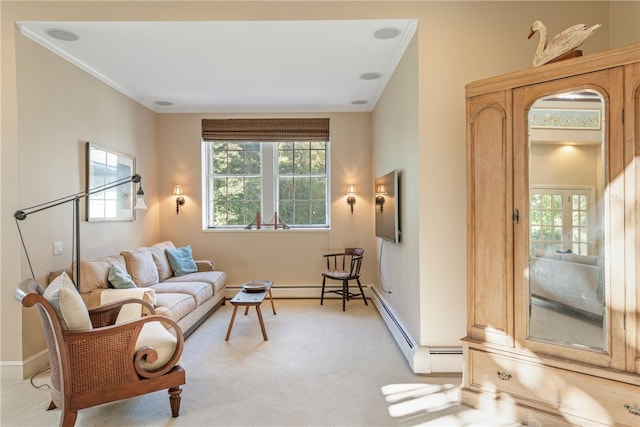 living area featuring light carpet, plenty of natural light, and ornamental molding