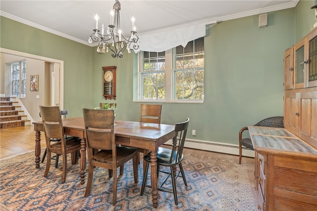 dining space with stairs, an inviting chandelier, ornamental molding, baseboards, and a baseboard radiator