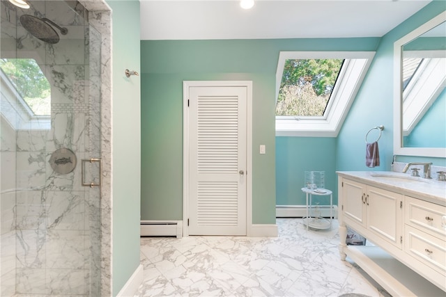 full bath featuring a wealth of natural light, a skylight, a baseboard heating unit, and a marble finish shower