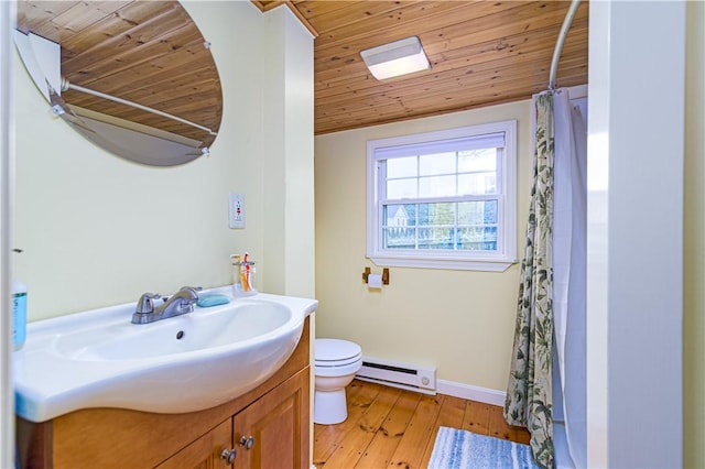 bathroom with vanity, hardwood / wood-style floors, toilet, wood ceiling, and a baseboard radiator