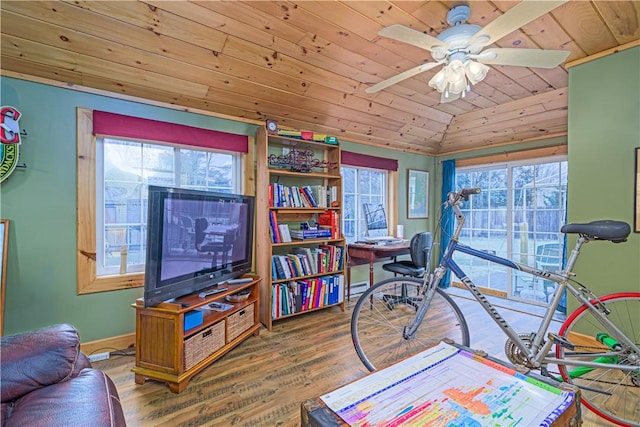 playroom featuring lofted ceiling, wood finished floors, wooden ceiling, and ceiling fan
