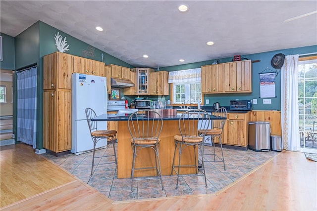 kitchen featuring under cabinet range hood, electric range oven, light wood-style floors, and freestanding refrigerator