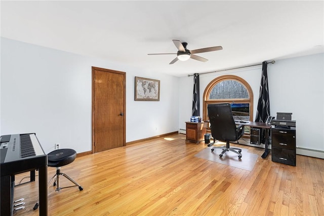 135 Eagleville Rd, Tiverton, RI 02878 - office featuring a ceiling fan, wood finished floors, baseboards, baseboard heating, and a baseboard radiator