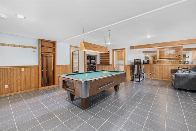 135 Eagleville Rd, Tiverton, RI 02878 - rec room featuring wainscoting, pool table, wood walls, recessed lighting, and dark tile patterned floors