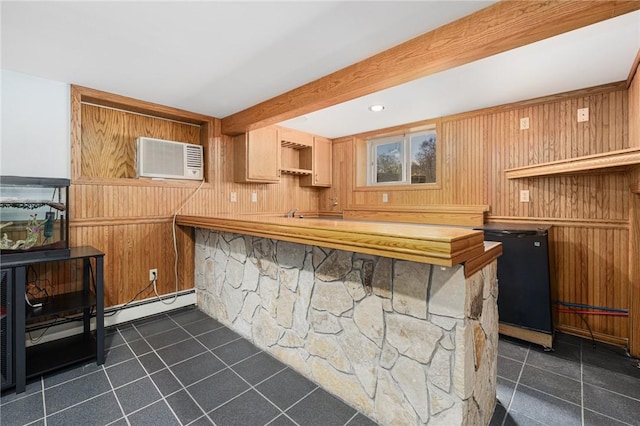 135 Eagleville Rd, Tiverton, RI 02878 - bar area featuring fridge, wooden walls, dark tile patterned flooring, beamed ceiling, and a baseboard heating unit