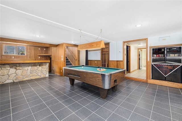 135 Eagleville Rd, Tiverton, RI 02878 - recreation room featuring wood walls, dark tile patterned flooring, billiards table, and a wainscoted wall