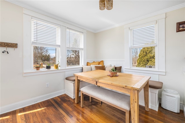 4588 Main Rd, Tiverton, RI 02878 - dining area featuring breakfast area, baseboards, crown molding, and dark wood-style flooring