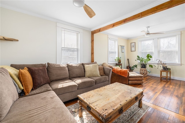 4588 Main Rd, Tiverton, RI 02878 - living room with wood-type flooring, ornamental molding, baseboards, and ceiling fan