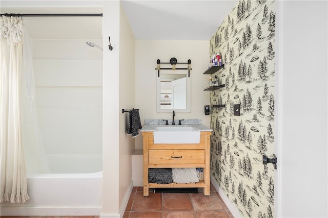4588 Main Rd, Tiverton, RI 02878 - full bath with baseboards, vanity, and shower / bathtub combination with curtain