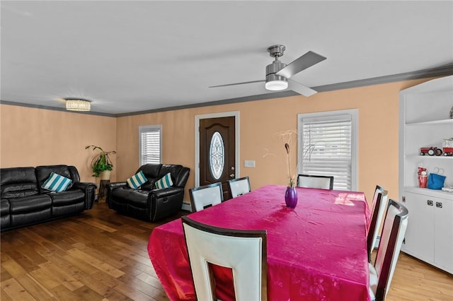 dining room featuring crown molding, ceiling fan, and hardwood / wood-style floors