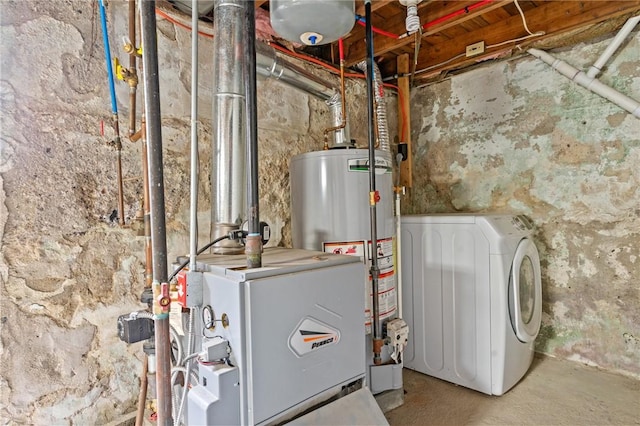 utilities featuring water heater, washer / clothes dryer, and a heating unit