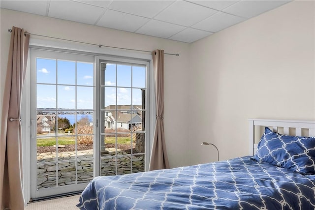 bedroom featuring multiple windows, access to exterior, and a drop ceiling