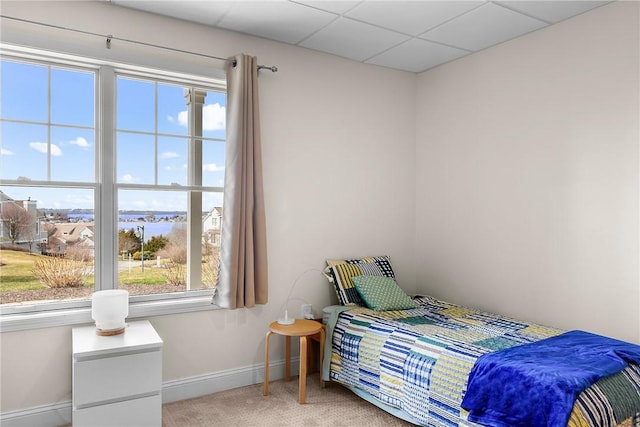 bedroom with a drop ceiling, carpet, multiple windows, and baseboards