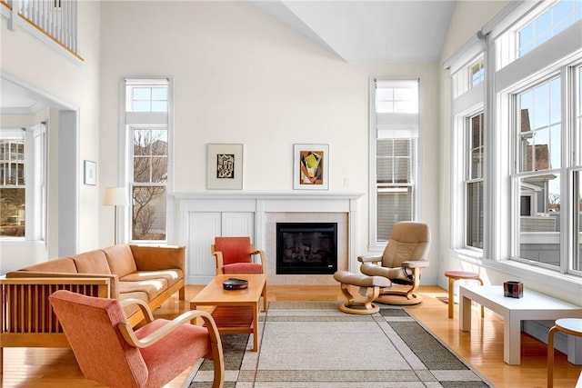 sitting room featuring light wood finished floors, high vaulted ceiling, plenty of natural light, and a glass covered fireplace