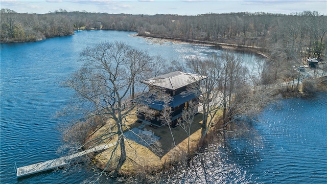 bird's eye view of a heavily wooded area and a large body of water