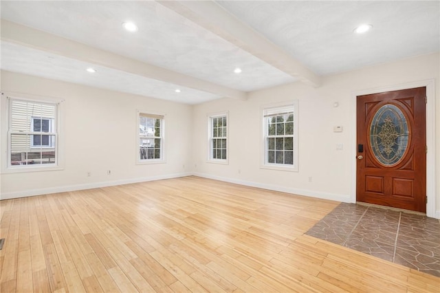 982 Plainfield St Unit 4, Johnston, RI 02919 - entrance foyer with baseboards, beamed ceiling, light wood-type flooring, and recessed lighting