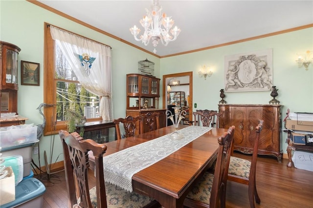 55 Hunter Ave, Newport, RI 02840 - dining room featuring baseboards, ornamental molding, wood finished floors, and a chandelier