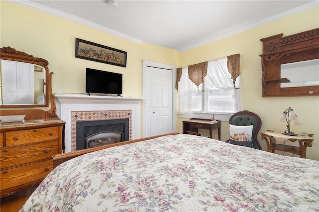 55 Hunter Ave, Newport, RI 02840 - bedroom with a closet, ornamental molding, and a glass covered fireplace